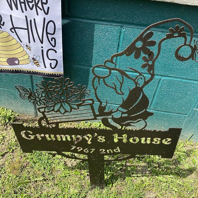 RealSteel Garden Gnome Monogram Yard Sign - Customizable Metal Sign with Gnome & Wheelbarrow Design - Personalized Name & Text (Textured Silver, 14" x 20")
