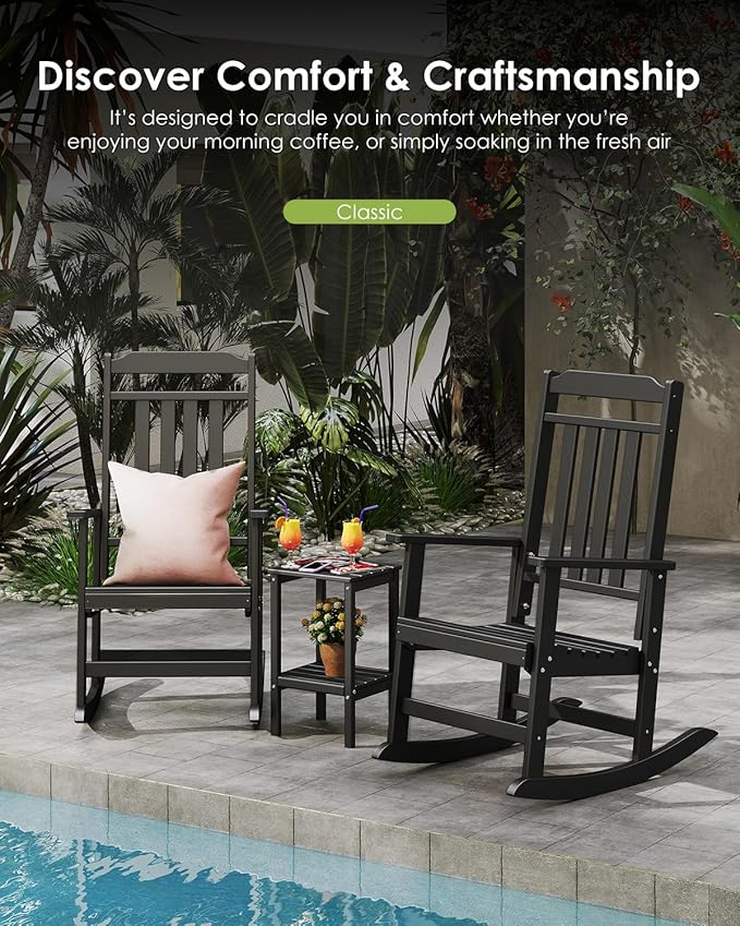 GREENVINES Outdoor-Rocking-Chairs-Set-of-4 | HDPE Plastic | Patio Rockers | Porch Rocker Chair | Oversized | High Back | Big & Tall | Black