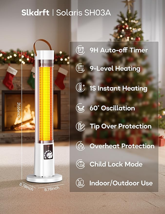 Outdoor Heater for Patio, 1500W Electric Infrared Heaters for porch garage indoor use, 9H Timer, 60° Oscillation & 9 Heat Level, Tip-Over/Overheating Protection, Safety Lock, Super Quiet, IPX5, Snowy