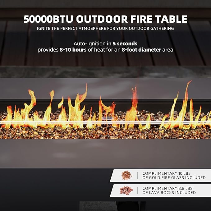 UPHA 42-inch Outdoor Propane Gas Fire Pit Table 50000 BTU Iron Rectangle Firepit for Outside Patio with Tank Hidden Table, Removable Lid, Gold Glass Rocks, Rain Cover, Grey