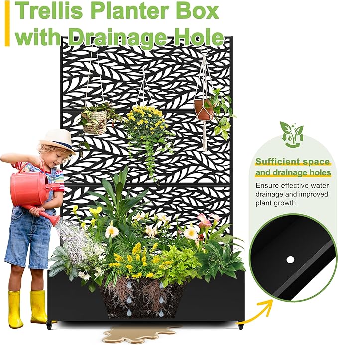 FENCY Metal Raised Garden Bed with Wheels and Trellis,73"x47"x16" Planter Box for Climbing Plants, Vegetables & Vines, Features Privacy Screen and Drainage Holes (Black-Leaf)