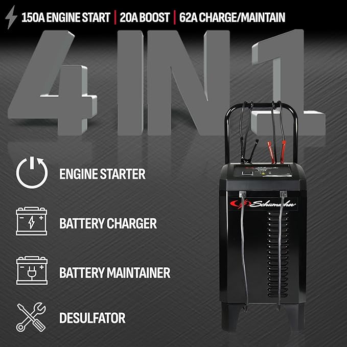 Schumacher Electric Wheeled Automatic 6A Car Battery Charger and 150A Engine Starter, 4-in-1 Solution, Maintainer, 20A Boost, for 12V Automotive and Marine Batteries, SC1364