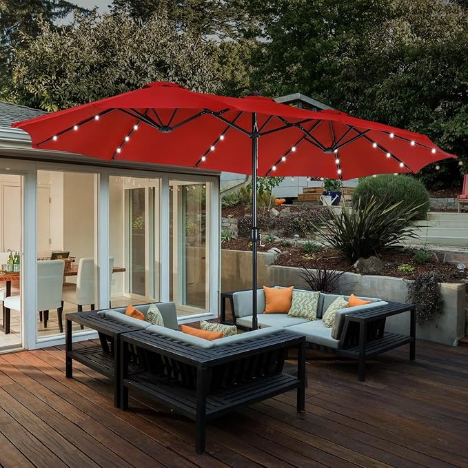 HERA'S PALACE 15ft Patio Umbrella with Base Included Double Sided Outdoor Umbrella for Patio Table Umbrella Outdoor 36 LED Solar Lights for Garden