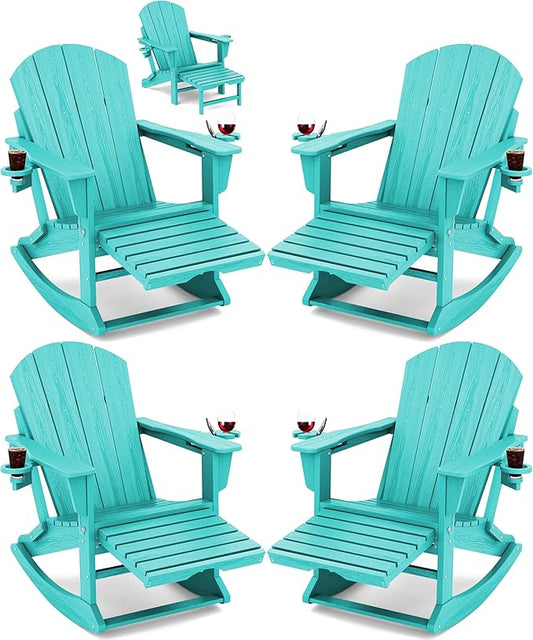KINGYES Adirondack Rocking Chair Set of 4 with Retractable Ottoman and Cup Holders, HDPE Adirondack Rocker Patio Rocking Chair for Porch, Patio, Balcony, Aqua Blue