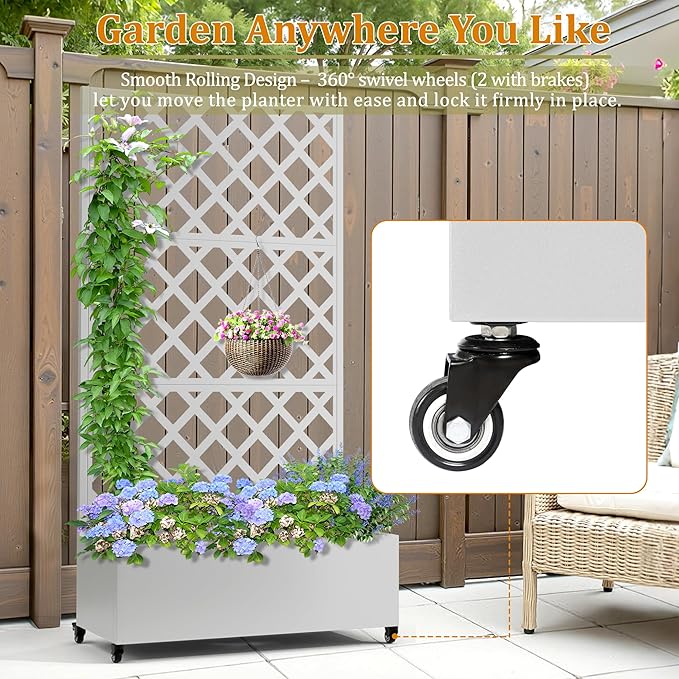 Metal Planter Box with Trellis, Heavy-Duty Raised Garden Bed for Climbing Plants, Drainage Hole, Outdoor Planter Box with Privacy Screen，35''L×16''W×71''H