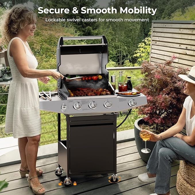 3 Burner Gas Grill with Side Burner,Stainless Steel Propane Grill Outdoor BBQ Grill with Oil Tray and Built-in Thermometer for Outdoor Barbecue, Camping, Patio, Backyard, 39,000 BTU