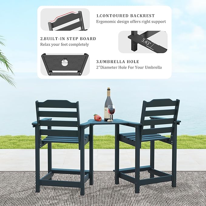 OTSUN Tall Adirondack Chair Set of 2, HDPE Counter-Height Balcony Chairs for Garden, Backyard, Poolside, Capacity 220LBS (2 PCS, Black)