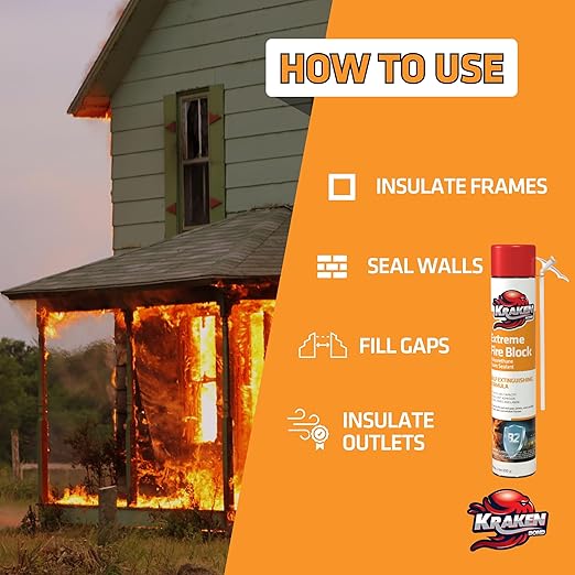 Kraken Bond Extreme Orange Fire Block Foam - (2x24oz) Fire Rated Polyurethane Spray for Gap Filling, Sealing on Windows, Walls, Joints & Pipes, Straw Use High Expansion Fire Proof Foam - 2 Pack