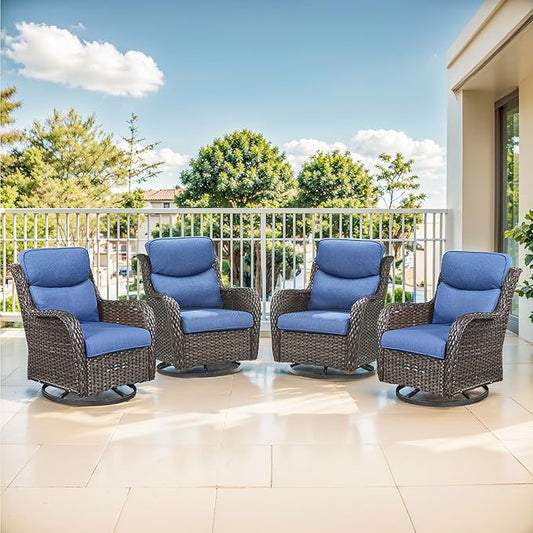 Outdoor Swivel Rocker Patio Chairs Set of 4-5" Thick Cushion 4 Piece Furniture Set All Weather Comfortable Wicker Conversation Set for Porch Poolside and Deck - Brown/Blue