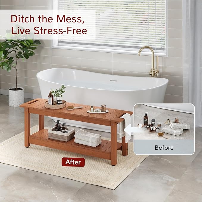 Stoog 41" Large Shower Bench, Waterproof Shower Stools with 400 lbs Weight Capacity, Shower Chair Seat for Bathroom, Non-Slip, Brown