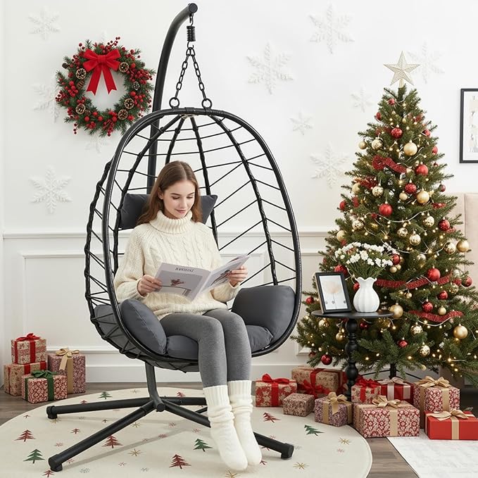 ONBRILL Hanging Egg Chair with Stand, Outdoor Indoor Egg Swing Chair with Cushion Headrest, Wicker Rattan Egg Chair with Dual Chains, 350LBS Capacity for Patio, Porch, Balcony, Bedroom (Dark Gray)
