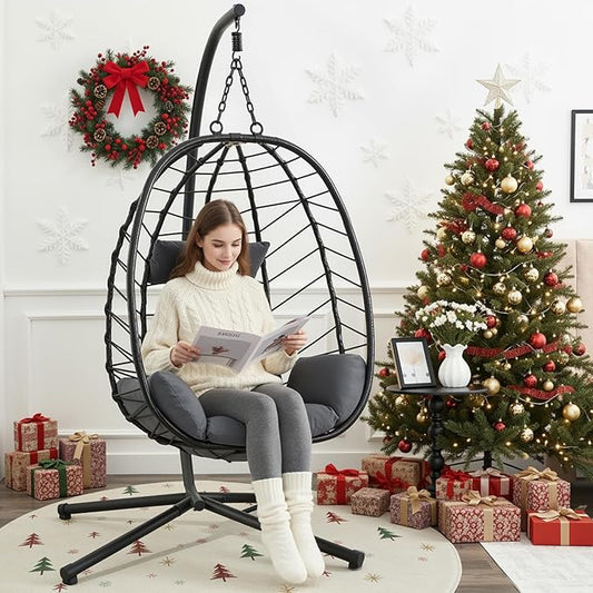 ONBRILL Hanging Egg Chair with Stand, Outdoor Indoor Egg Swing Chair with Cushion Headrest, Wicker Rattan Egg Chair with Dual Chains, 350LBS Capacity for Patio, Porch, Balcony, Bedroom (Dark Gray)