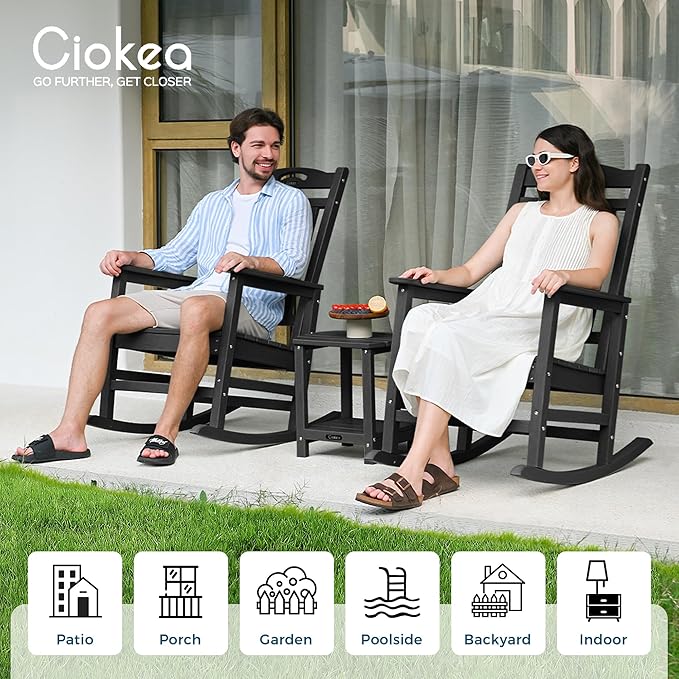 Ciokea Outdoor Rocking Chairs Set of 4, HDPE Porch Rocking Chairs for Outside, All-Weather Comfortable Patio Rockers for Front Deck Balcony, Black