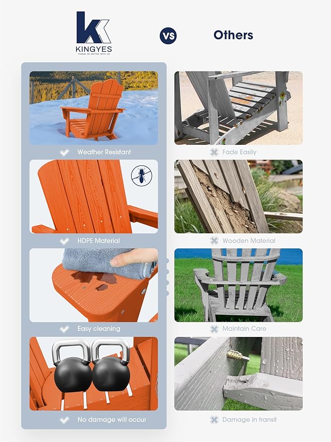KINGYES Folding Adirondack Chair Set of 4, HDPE All-Weather Folding Adirondack Chair, Orange