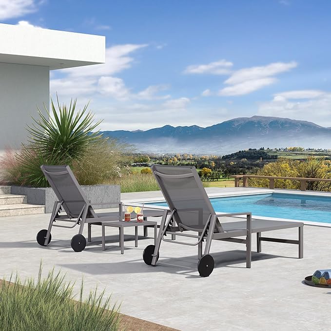 PURPLE LEAF Outdoor Chaise Lounge Set for 2 Aluminum Patio Chaise Lounger Chairs with Armrest and Wheels Adjustable Pool Chaise Lounge Chair for Beach Yard Poolside Table Included, Grey