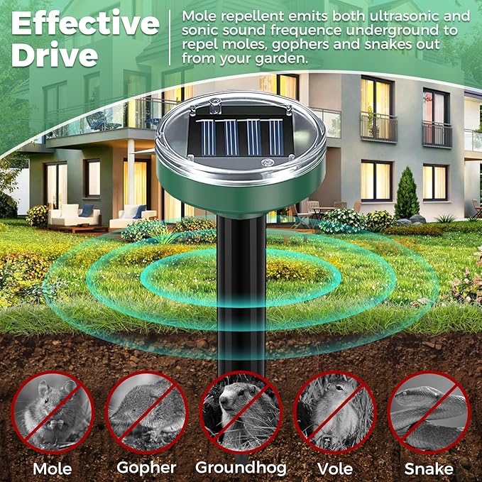 Solar Ultrasonic Mole Repellent 10 Pack,Snakes Gophers Voles Repellent Outdoor Waterproof, Rodents Repeller for Lawn Garden, Detterrent and Repel Moles Groundhogs Chipmunks Squirrels