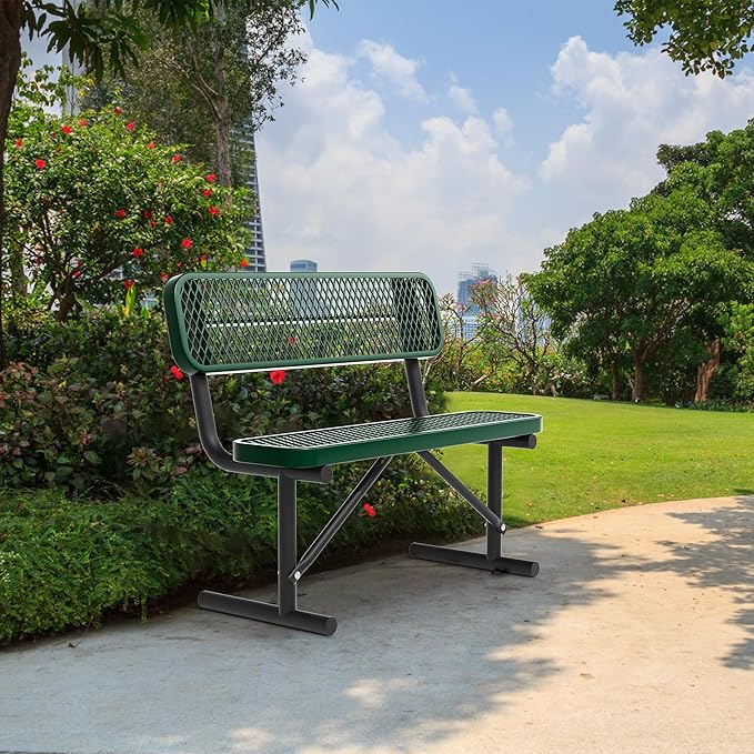 4 Feet Heavy Duty Metal Park Bench for Outside, Outdoor Bench with Backrest & Portable Frame, Commercial Benches for Shopping Malls, Stores, Parks, Patios, Decks, Green