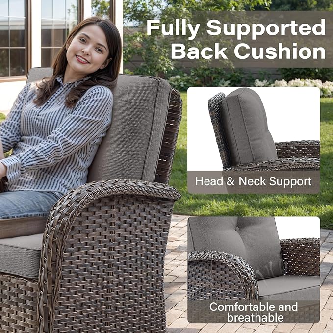 Belord 7 Piece Outdoor Patio Wicker Furniture Sets with Swivel Rocker Chairs, Rattan Loveseat Conversation Sets for Patio Deck Backyard Poolside, Grey Cushion