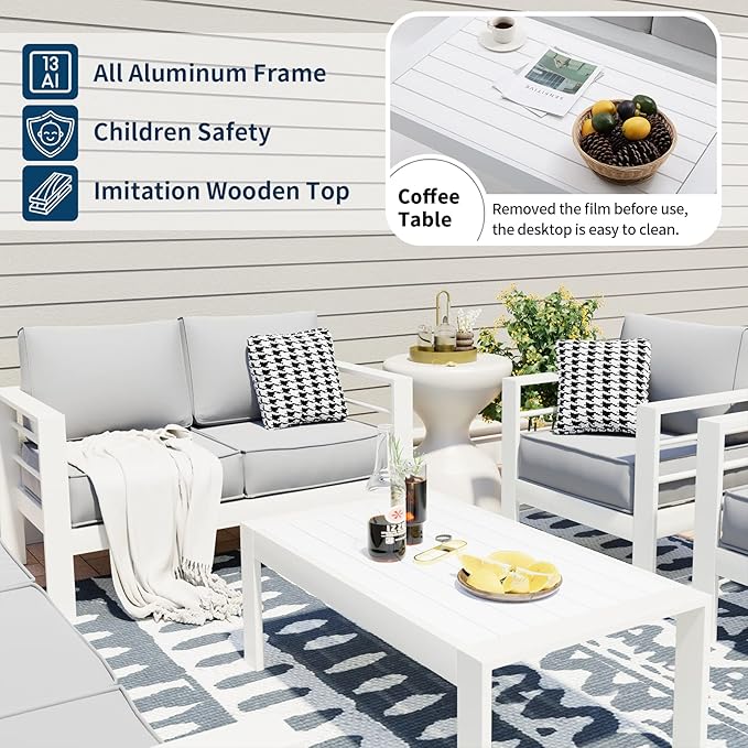 UDPATIO 8 Piece Aluminum Patio Furniture Set, Oversized Modern Outdoor Furniture Set with Olefin Fabric Cushion for Patio Deck Backyard, White(with Waterproof Covers)