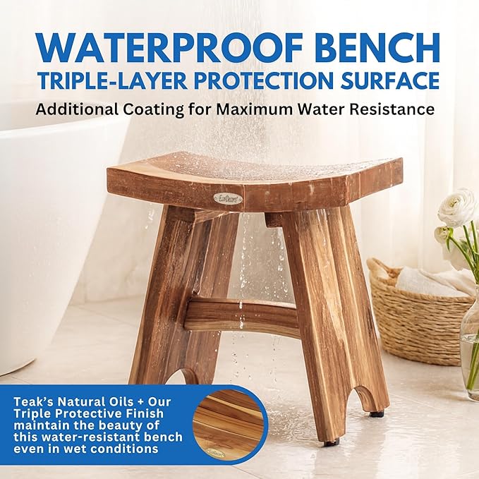 EcoDecors Teak Shower Bench 19", 300 lb Capacity – Waterproof Wood Bath Seat for Adults - Compact Spa Stool for Small Bathrooms & Walk-in Showers with Slip-Resistant Feet