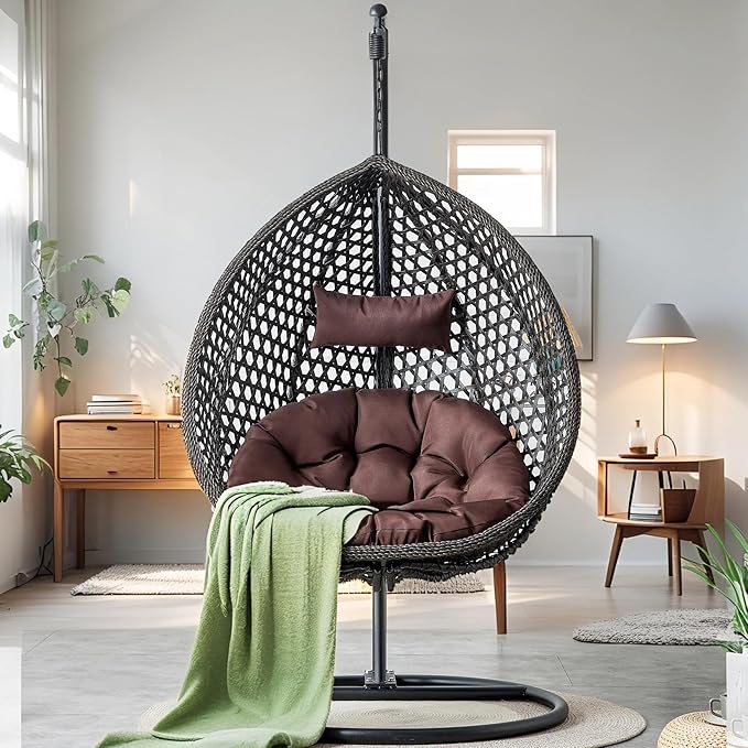 Hanging Egg Chair with Stand, Egg Swing Chair with Stand Indoor Outdoor, Black Wicker Swing Egg Chair for Adults, Hammock Chair with Comfortable Cushion and Stable Round Metal Base for Bedroom Patio
