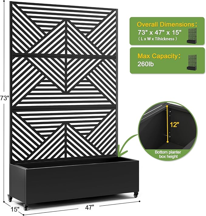 FENCY Metal Raised Garden Bed with Wheels and Trellis,73"x47"x16" Planter Box for Climbing Plants, Vegetables & Vines, Features Privacy Screen and Drainage Holes (Black-Modern)