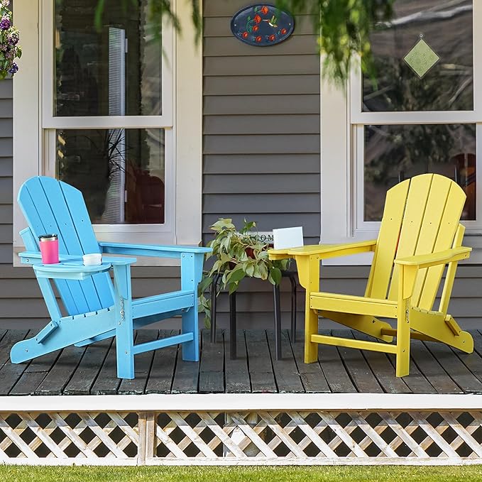 Adirondack Chair Set of 2, HDPE Folding Adirondack Chair with Multifunctional Cup Holder, Weather Resistant Fire Pit Chair for porches, patios, patios, poolsides, Decks.