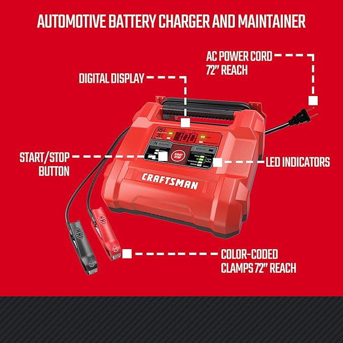 CRAFTSMAN 15A Car Battery Charger and Battery Maintainer, 4-in-1 Solution, for 6V/12V Power Sport, Automotive, and Marine Batteries, CMXCESM162