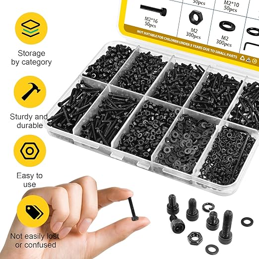 272PCS M5 Screws, Nuts and Washers Assortment kit, M5x8/10/12/16/20/25/30/35 mm Hex Socket Head Cap Bolts Assorted Set - 12.9 Alloy Steel, Black Zinc Plated Anti-Rust