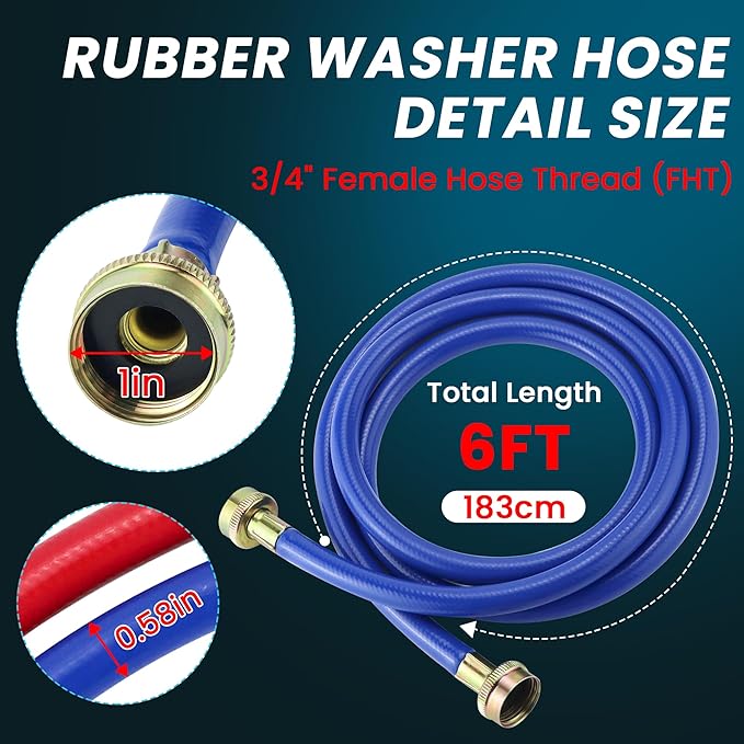2 PACK Rubber 6FT Washing Machine Hoses Burst Proof Red and Blue Coded Washer Hoses for Hot and Cold Water 3/4" Connection Water Supply Lines by Fetechmate - 10 YEAR WARRANTY