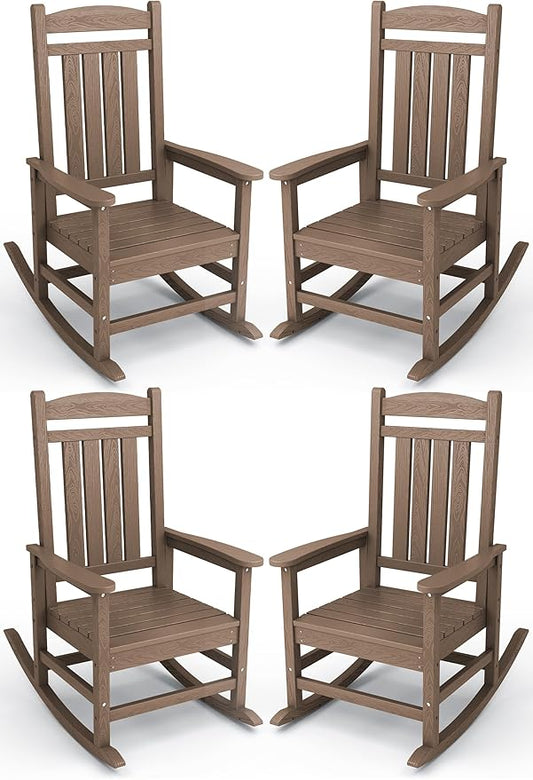 KINGYES HDPE Outdoor Rocking Chair Set of 4, All-Weather Poly Patio Rocking Chairs with 330lbs Support for Adults, Brown