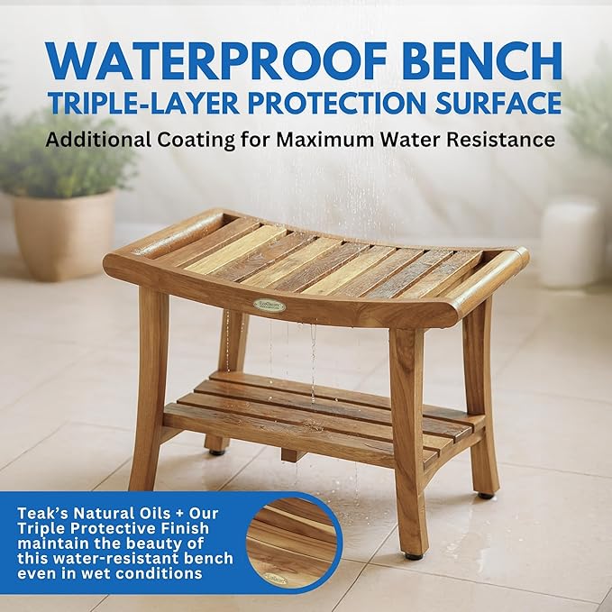 EcoDecors 30 Inch Harmony Natural Color Waterproof Teak Wood Shower Bench Stool Seat Chair For Inside Shower Storage Shelf Provides Safety, Storage, and Organization For Bathroom Accessories