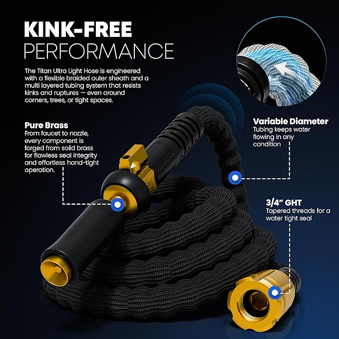 TITAN Flexible Garden Hose 7FT – Ultra Lightweight, Heavy Duty Water Hose with Brass Fittings & Jet Nozzle – Kink-Free, Non-Expanding, Durable Fabric Hose for Yard, Lawn, Car Wash, Outdoor Use