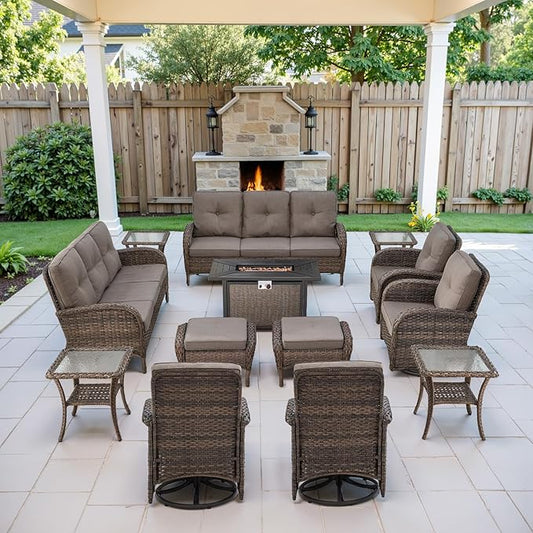 Belord Grand 13 Pieces Outdoor Patio Furniture Set with 4 Swivel Glider Chairs and 50000 BTU Propane Fire Pit Table, Patio Conversation Set with Sofa and Wicker Side Table for Big Garden Backyard