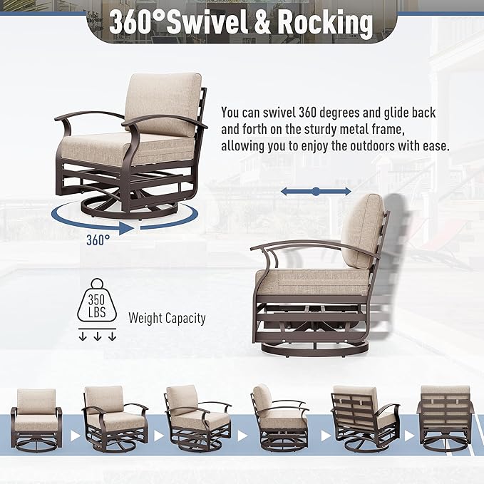 Kurapika 5 Pieces Patio Furniture Set, Outdoor Aluminum Swivel Gliders Rocker, Patio Bistro Set Rocking Chair with Tempered Glass Side Table and Thickened Cushions(Sand)