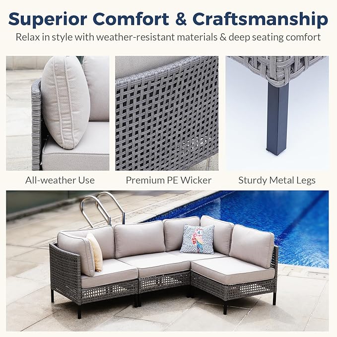 4-Piece Outdoor Modular Wicker Sofa Set with 2 Armchairs and 2 Armless Chairs, PE Rattan Sectional Furniture with 4" Beige Cushions, Gray Patio Seating for Deck, Garden, Porch