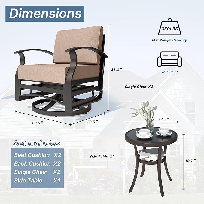 Kurapika 3 Pieces Patio Furniture Set, Outdoor Aluminum Swivel Gliders Rocker, Patio Bistro Set Rocking Chair with Tempered Glass Side Table and Thickened Cushions for Porch Garden Deck (Sand)