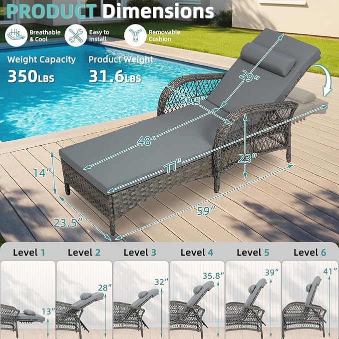 MEETWARM Outdoor Wicker Chaise Lounge Chair Set of 2, 77" Long All Weather PE Rattan Patio Lounge Chair, 6 Position Adjustable Pool Reclining Sunbathing Chair for Outside, Armrest & Head Pillow, Gray