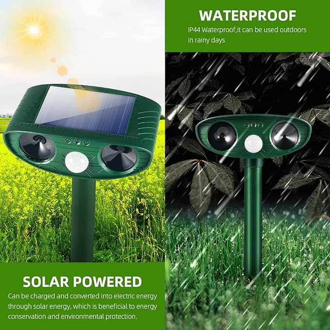 4 Pack Deer Repellent Solar Ultrasonic Animal Repeller Outdoor Racoon Squirrel Fortress Pro Waterproof Animal Deterrent Devices, Cat,Dog,Skunk,Rabbit,Coyote Deterrent for Yard Garden Farm