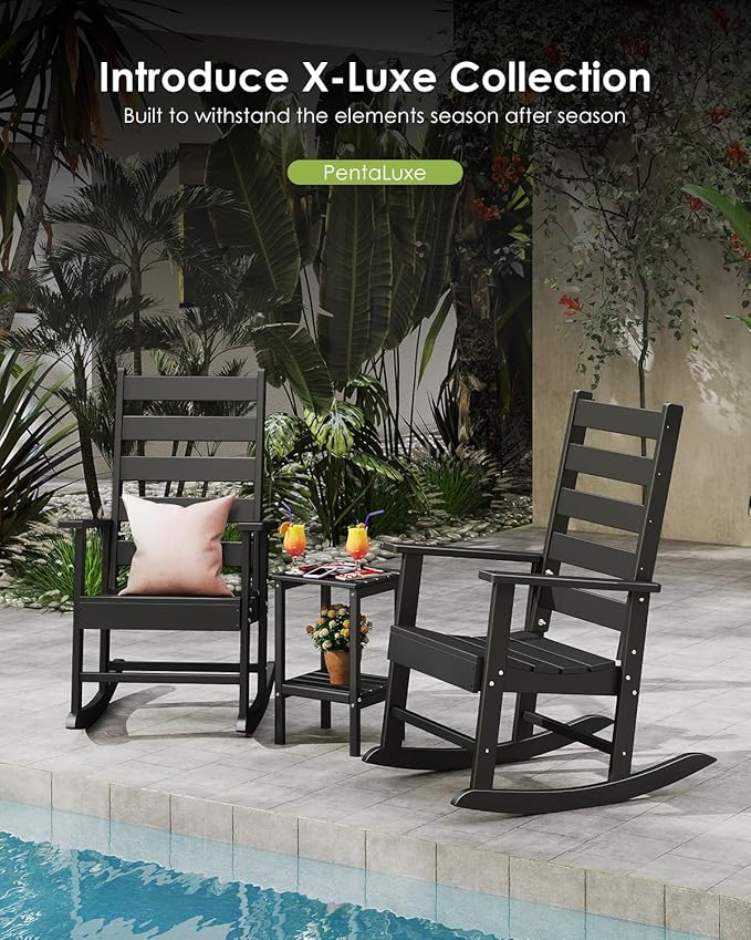 GREENVINES Outdoor-Rocking-Chair | HDPE Plastic | Patio Rockers | Porch Rocker Chairs | Shaker | Oversized | High Ladder Back | Big & Tall | PentaLuxe | Black