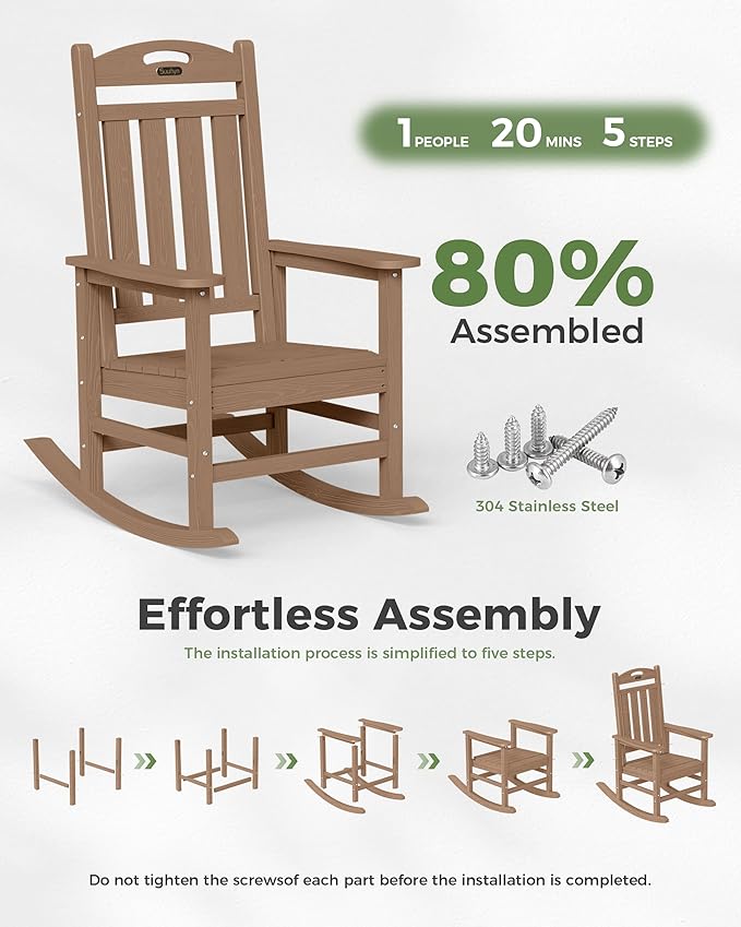 Oversized Outdoor Rocking Chair Set of 2, HDPE AllWeather Resistant Rocking Chairs for Patio,High Back Porch Rocker Chair, 380lbsCapacity, Teak