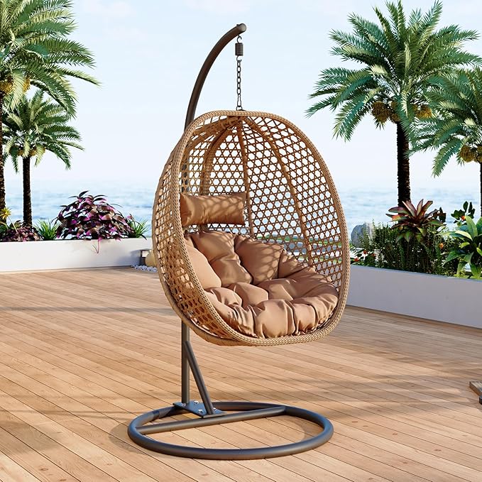 Egg Swing Chair Outdoor with Stand, Hanging Egg Rattan Basket Chair with Cushion and Pillow, Lounge Chairs, Foldable Basket and Metal Stand for Porch, Patio, Bedroom, Balcony,Yard (Khaki)