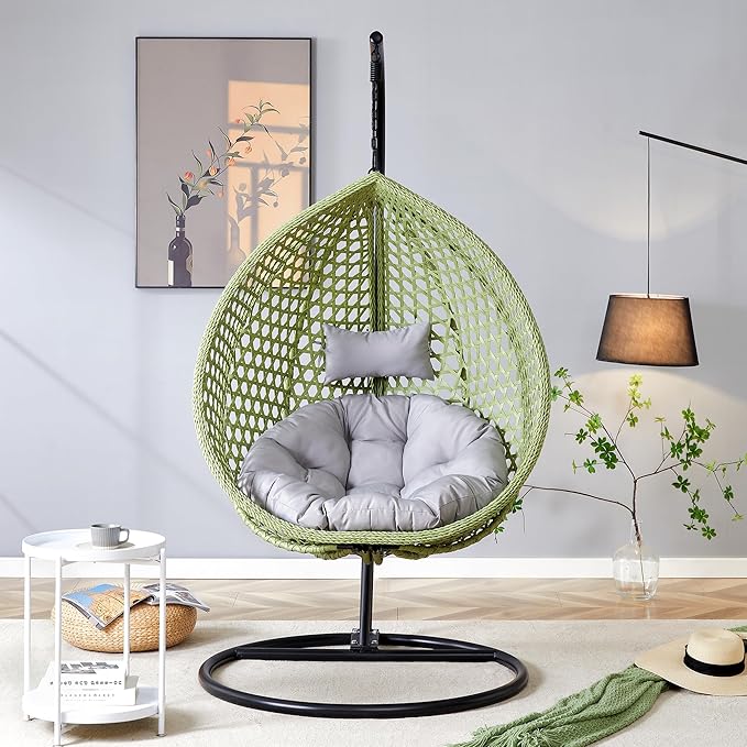 Hanging Egg Chair with Stand, Egg Swing Chair with Stand Indoor Outdoor,Green Wicker Swing Egg Chair for Adults, Hammock Chair with Comfortable Cushion and Stable Round Metal Base for Bedroom Patio