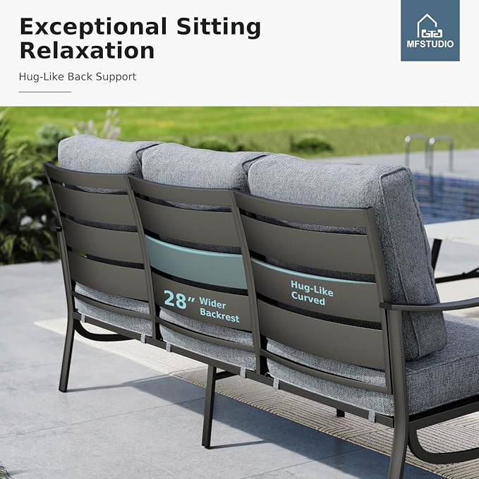 MFSTUDIO 8 Pieces Patio Furniture Sets with 45" Gas Fire Pit Table(Up to 9 Seat), Outdoor Metal Conversation Sofas with 1 x 3-Seat Sofa, 2 Single Chairs, 2 Rocking Chairs and 2 Ottoman, Grey Cushion