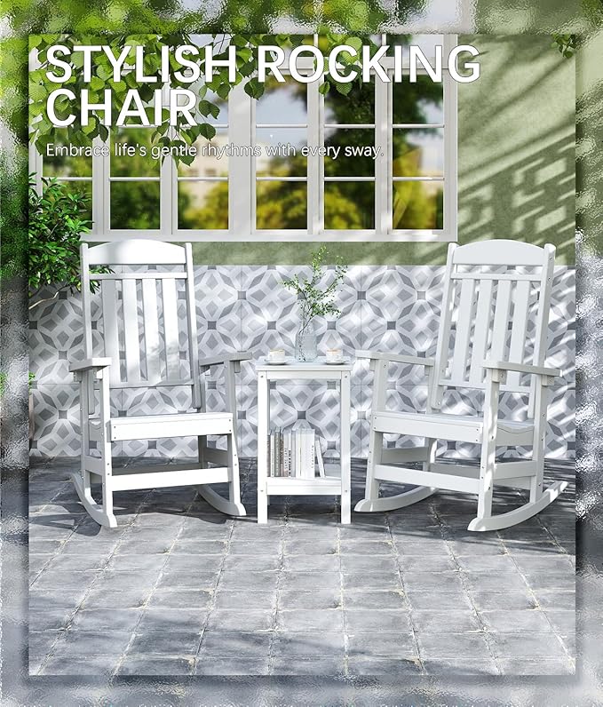FOOWIN Outdoor Rocking Chair, High Back Patio Rocking Chair, HDPE All Weather Resistant Porch Rocker for Adult, Oversized Rocking Chairs for Garden, Lawn, Indoor & Outdoor Use, White