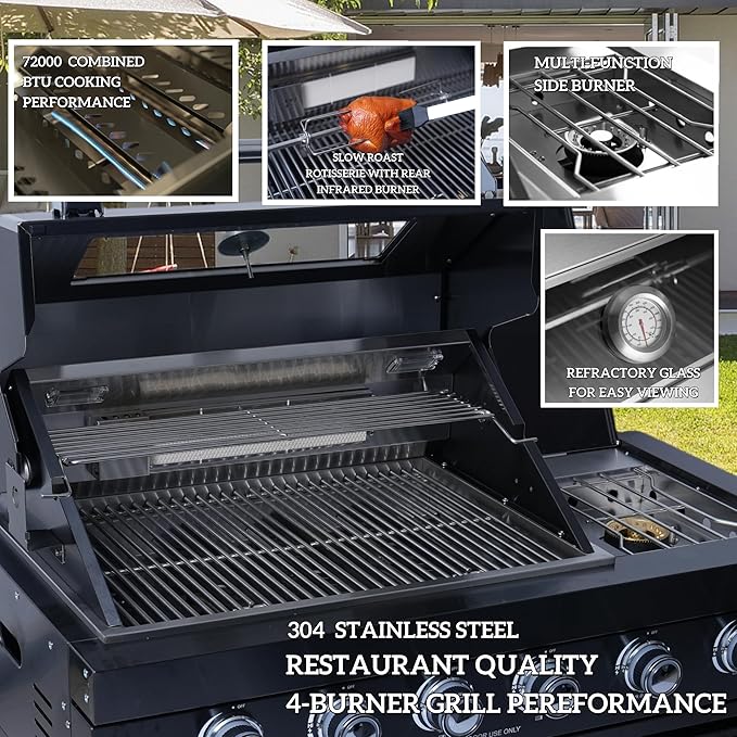 98 Inches 4-Burner 72000 BTU Deluxe Stainless Steel Propane Gas Outdoor Kitchen Bar Barbecue Island Grill, Wine Cooler Compact Refrigerator, Granite Countertops, Stainless Steel Sink, Silver