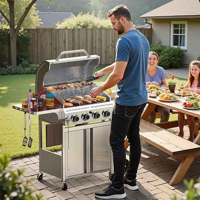 Kismile 4-Burner Gas Grill,Propane Grill with Folding Side Shelf,Heavy-Duty Thickened Stainless Steel Grill,32,000 BTU BBQ Grill for Outdoor Cooking,Barbecue,Garden and Patio Backyard