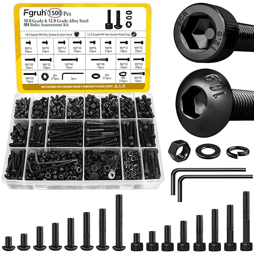 1500PCS M4 Screws with Nuts Assortment Kit, M4x6/8/12/16/20/25/30/40 mm Hex Socket Button & Cap Head Bolts Nut and Washers Set, 12.9 & 10.9 Grade Black Zinc Plated for DIY, 3D Printer