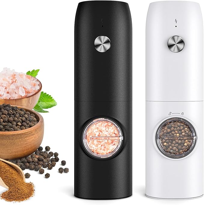Electric Salt and Pepper Grinder Set-Rechargeable Automatic Pepper Mill Grinder with LED Christmas Gifts for Women, USB Adjustable Coarseness shakers, One-Hand Operation for Kitchen Appliances