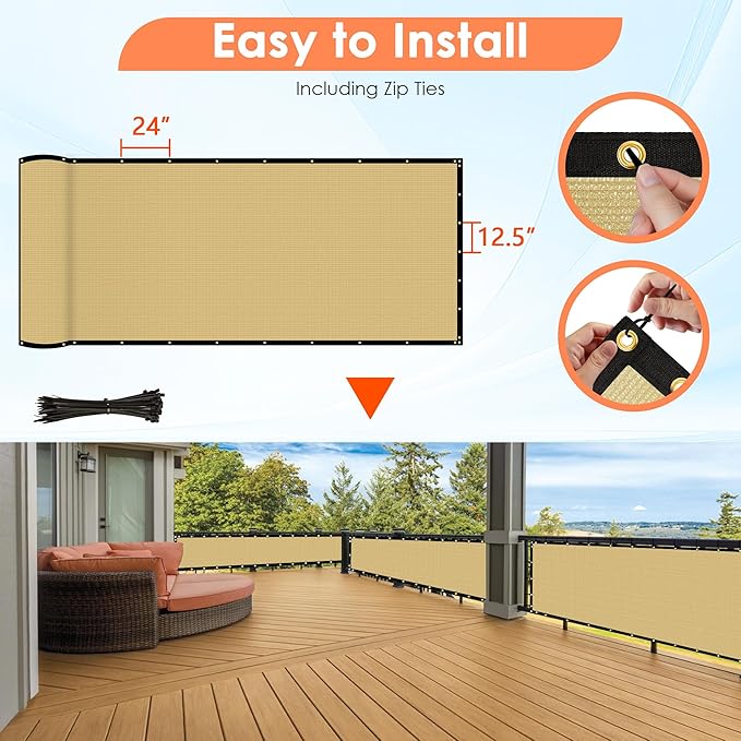 iCover 4x12ft Fence Privacy Screen, Heavy Duty Fencing Panels Screens, Outdoor Shade Cloth Mesh Barrier, Reinforced Bindings and Brass Grommets, Cable Zip Ties Included, Sand